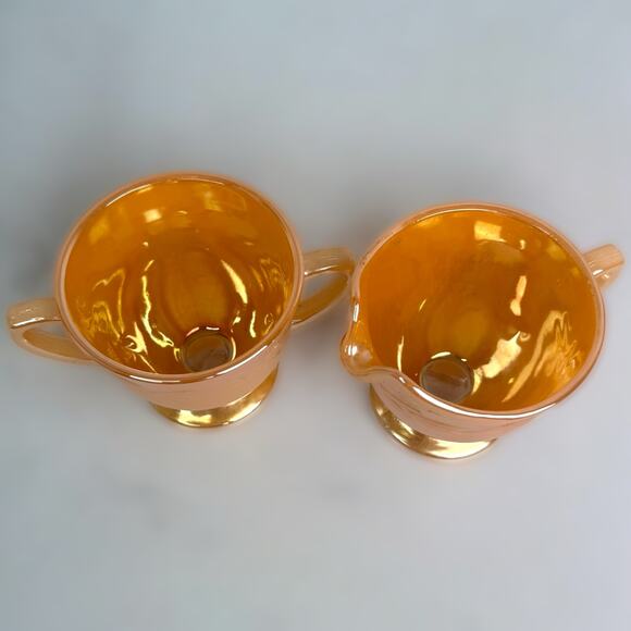 Fire King Peach Lustre Sugar Bowl & Creamer Leaf Set Anchor Hocking Vintage - Picture 2 of 12